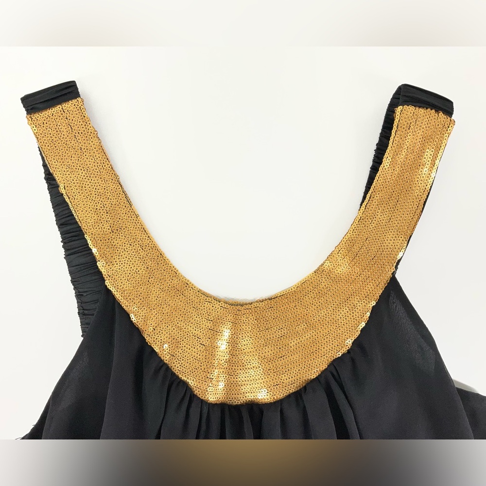 NU by Mark Anthony Black Sleeveless Silk Top Gold Sequin Neckline Women’s Small - Picture 4 of 11